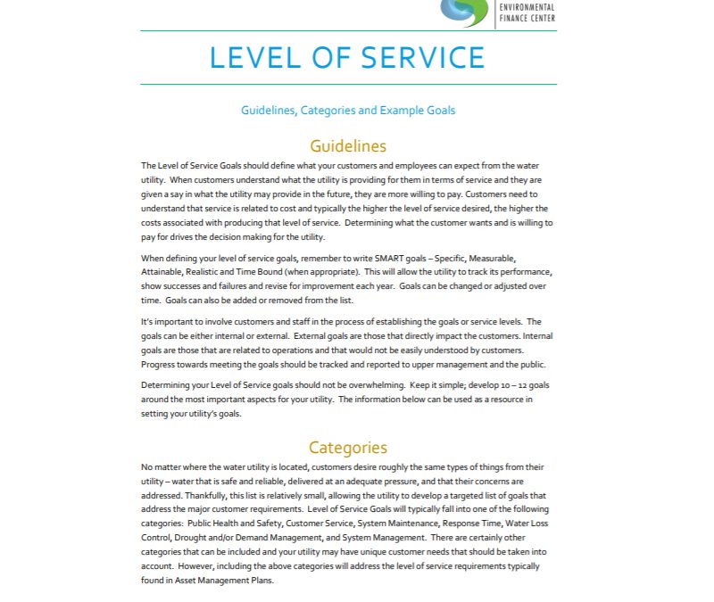 Level of Service: Guidelines, Categories, and Example Goals for Water Systems