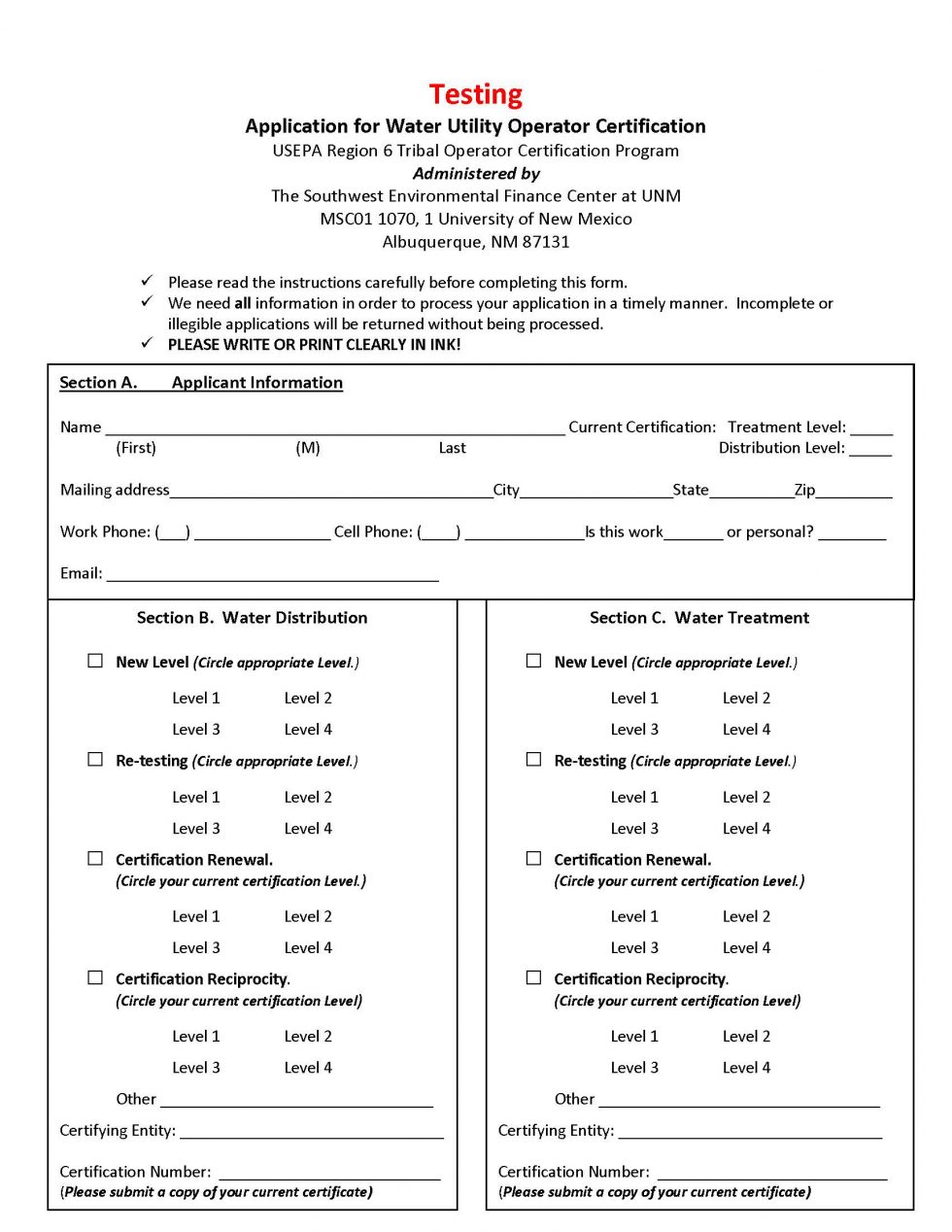 Operator Certification EPA Region 6 Testing Application Southwest EFC