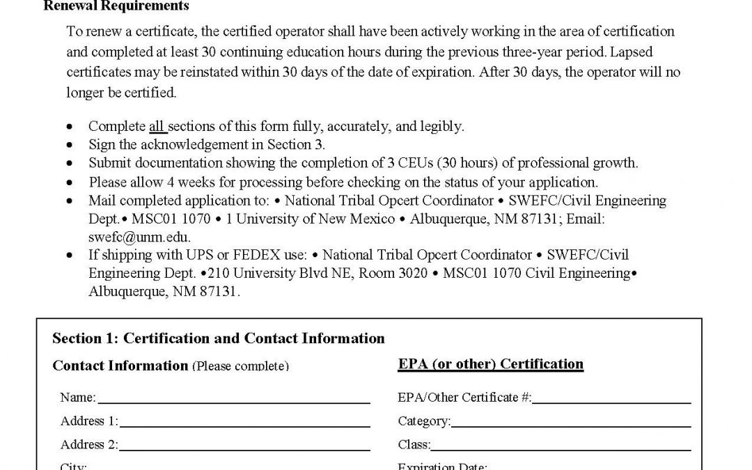 Operator Certification EPA Region 8 Renewal Application