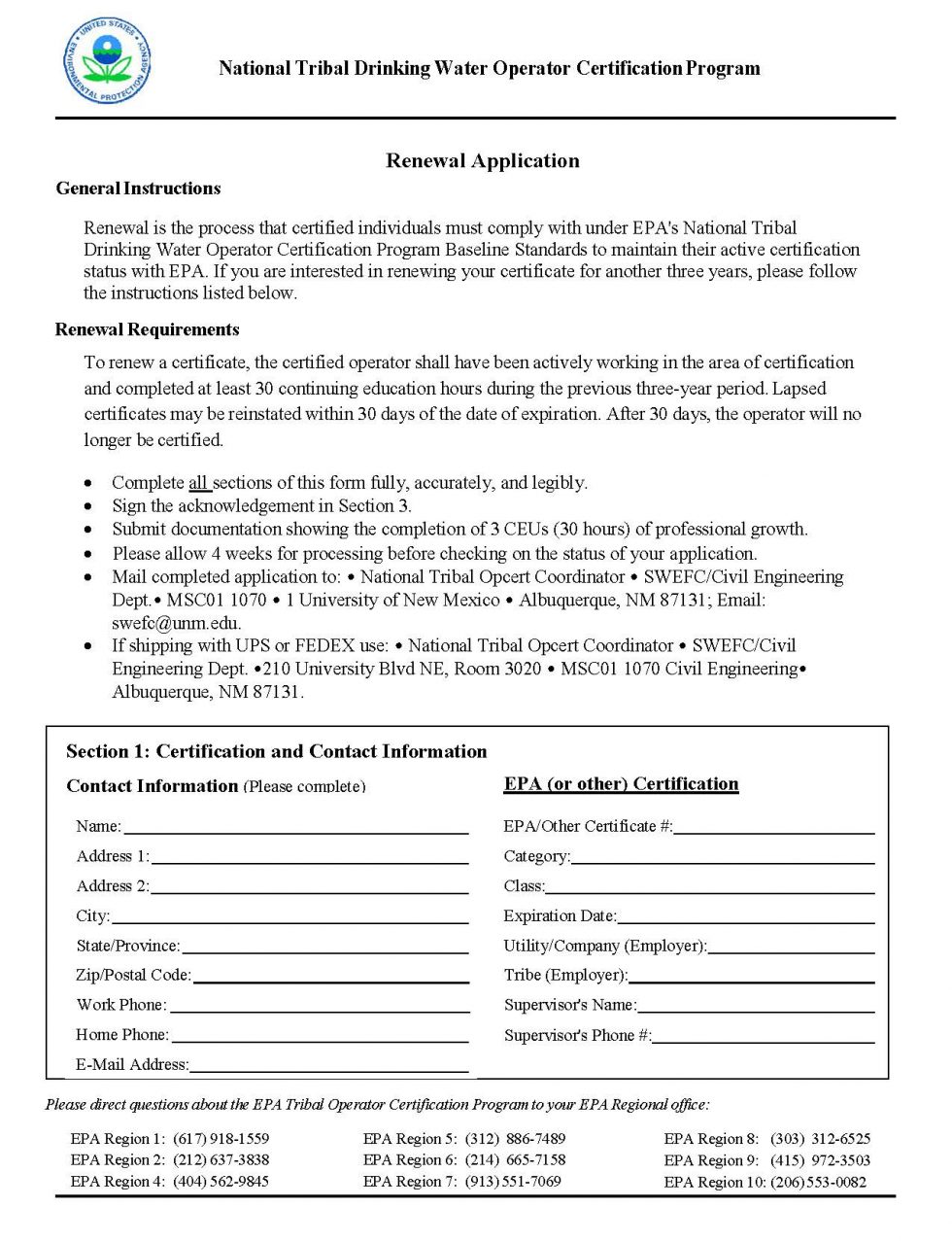 Operator Certification EPA Region 8 Renewal Application Southwest EFC