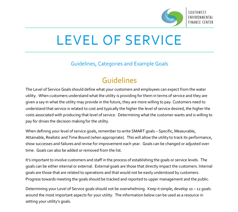 Level of Service: Guidelines, Categories, and Example Goals for Water Systems