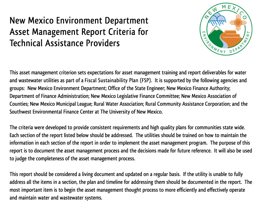 New Mexico Environment Department Asset Management Report Criteria for Technical Assistance Providers