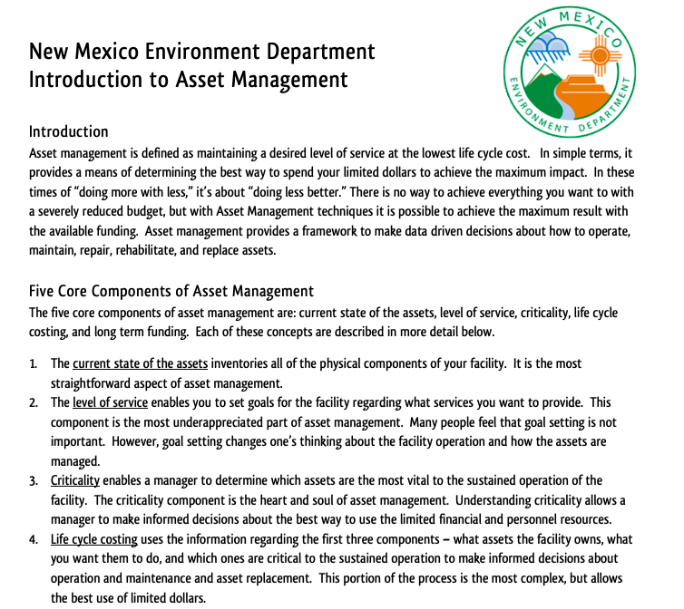 New Mexico Environment Department Introduction to Asset Management