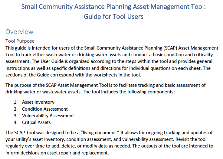 Small Community Assistance Planning Asset Management Tool: Guide for Tool