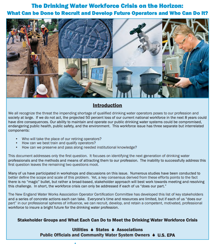 The Drinking Water Workforce Crisis on the Horizon: What Can Be Done to Recruit and Develop Future Operators and Who Can Do It?
