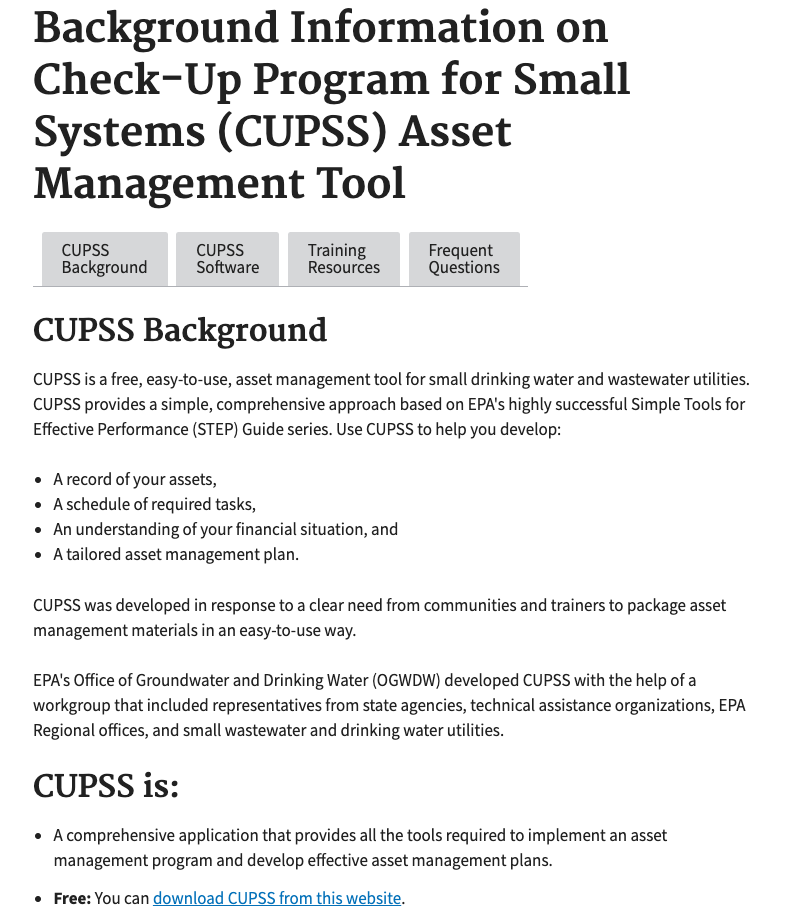 Check Up Program for Small Systems (CUPSS) Asset Management Tool